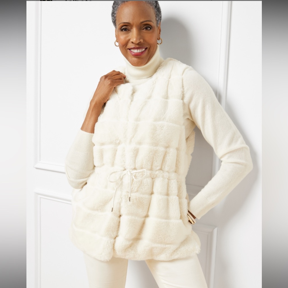 Talbots Tie Waist Faux Fur Vest medium workwear holiday occasion classic